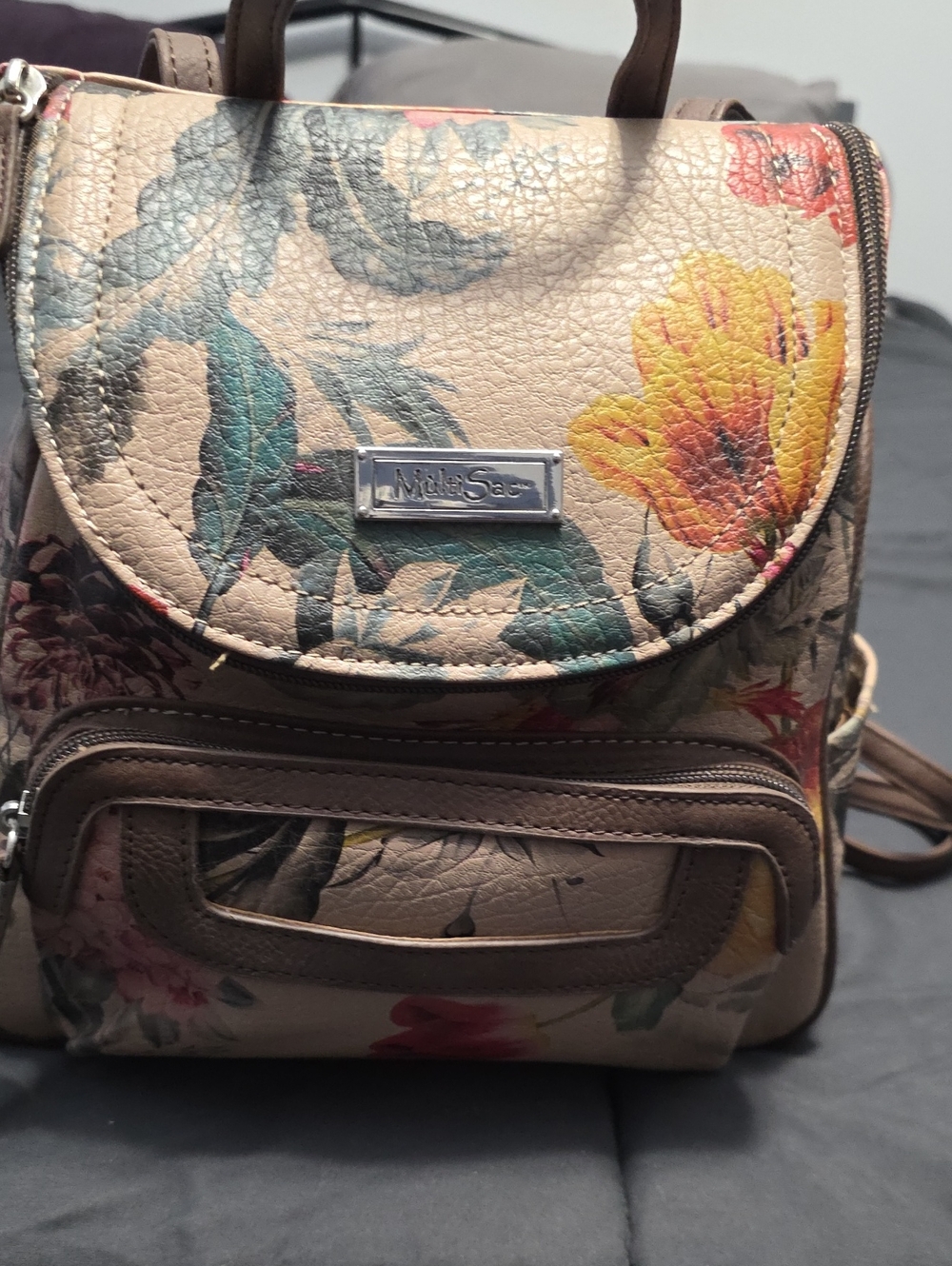 Multisac Beige Floral Backpack with Yellow & Brown Accents Rare